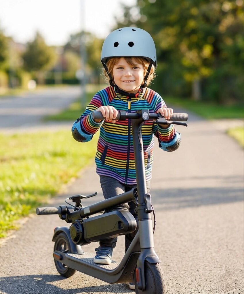 A young child wearing a certified kids escooter helmet standing with an electric scooter.