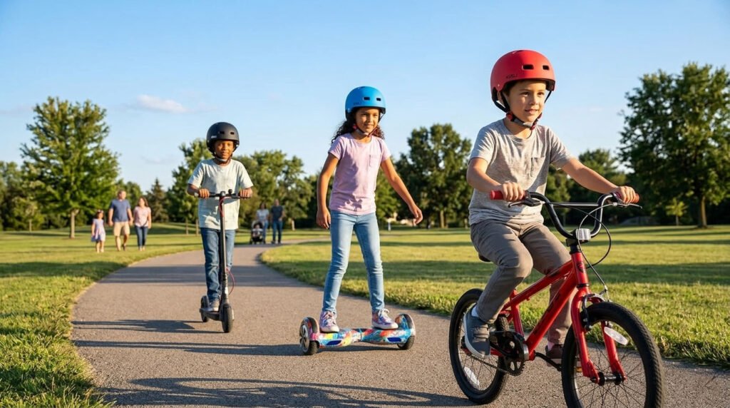 Group of Australian kids safely riding bikes and hoverboards wearing protective helmets.