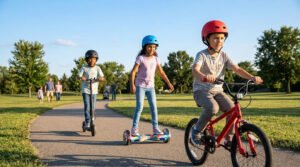 Group of Australian kids safely riding bikes and hoverboards wearing protective helmets.