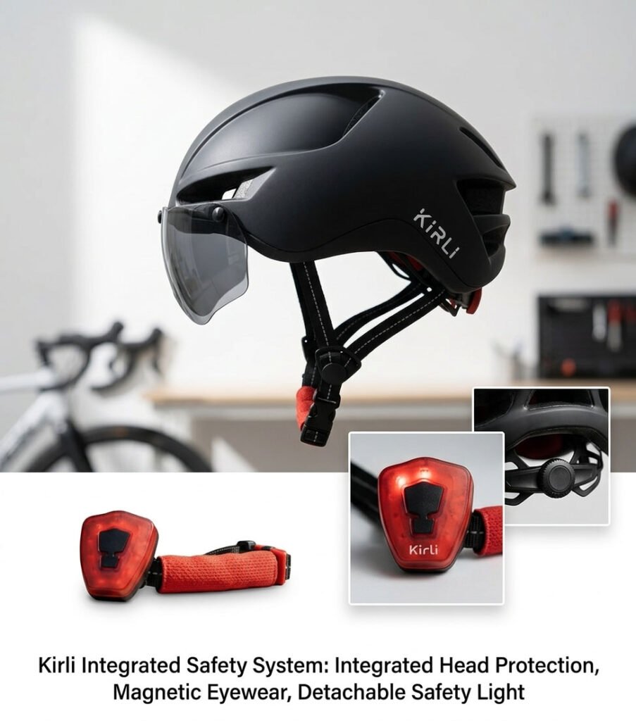 A sleek matte black LED bicycle helmet with a magnetic tinted visor and a bright red clip-on safety light on the strap.