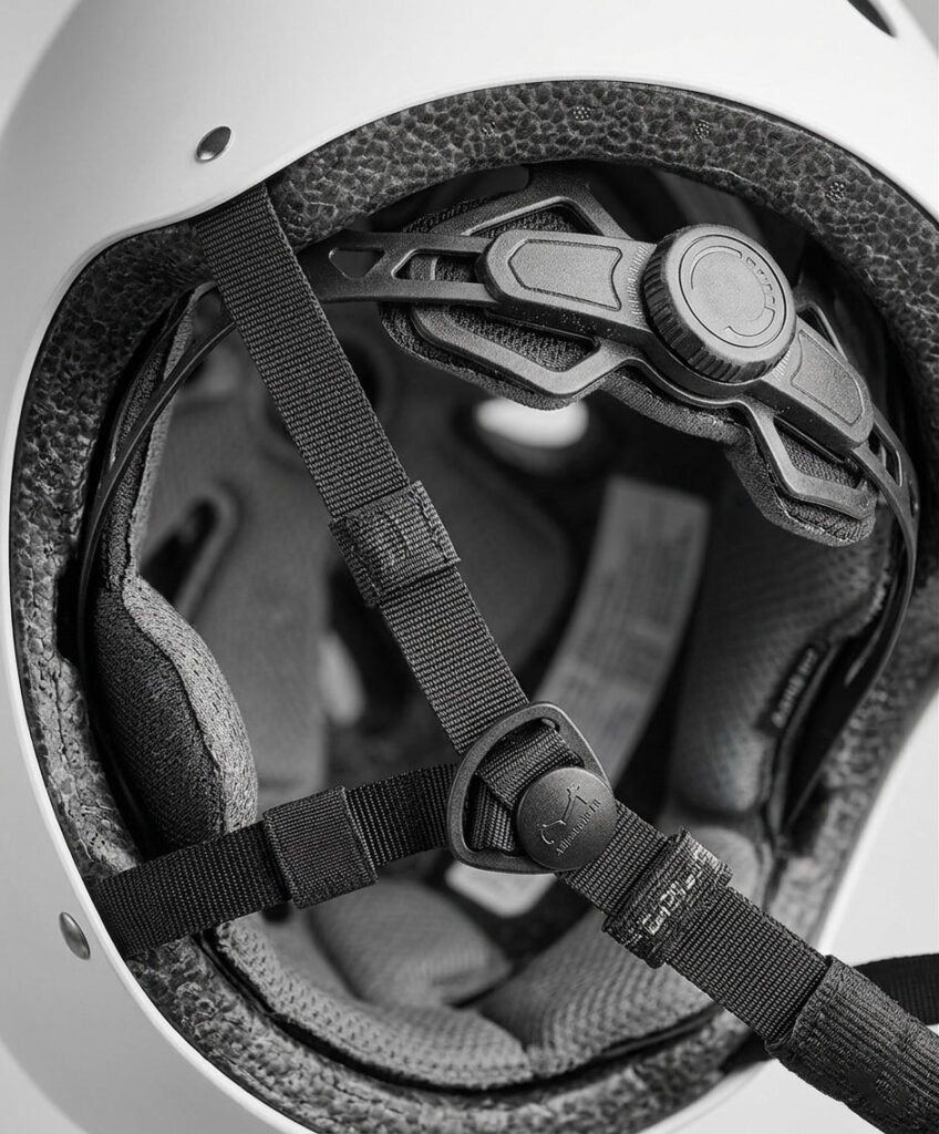 Close up view of a bicycle helmet and skateboard helmet showing the secure chin strap and padding.