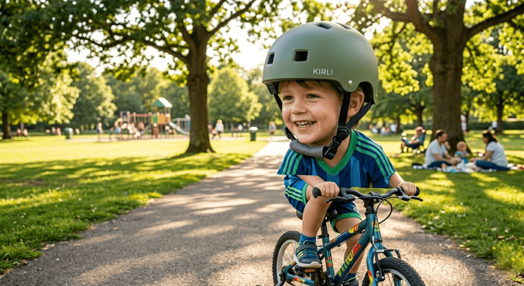 A young child wearing a correctly fitted bicycle helmet in a park.