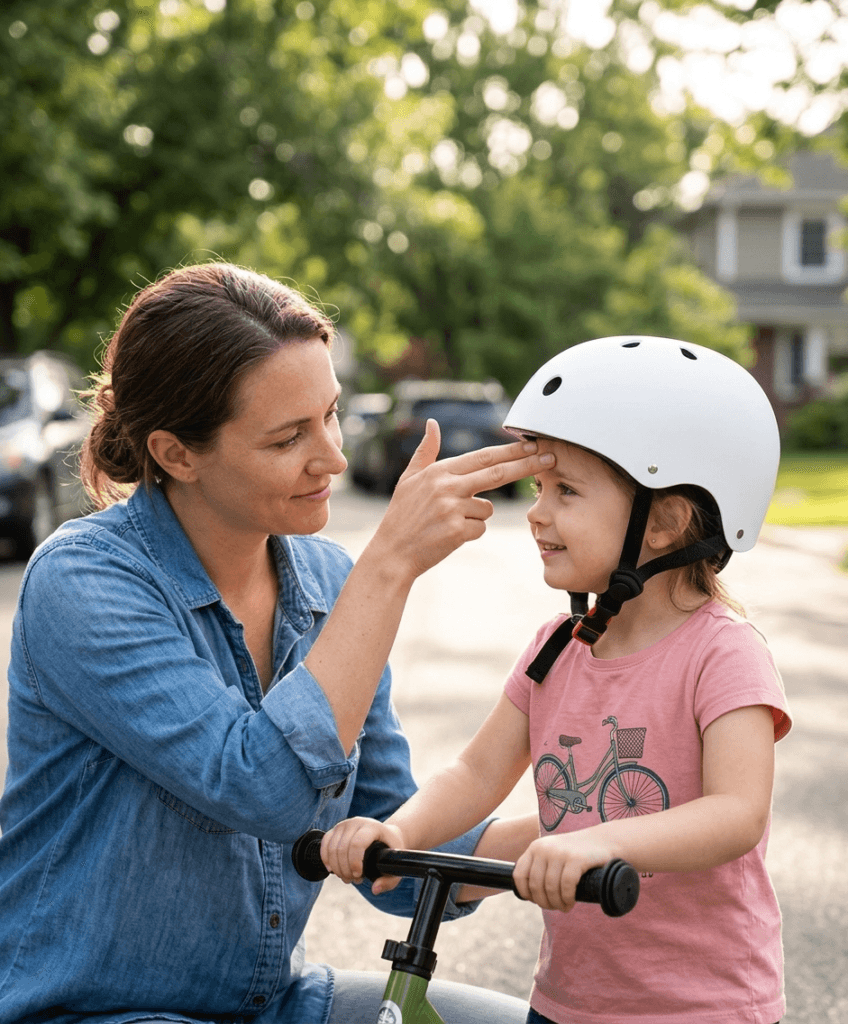 A parent checking the fit of a child's bicycle helmet using the two finger rule on the forehead.
