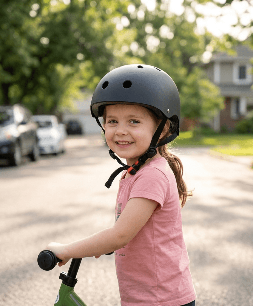 A smiling child wearing a matte black Kirli safety helmet ready to ride their bike.